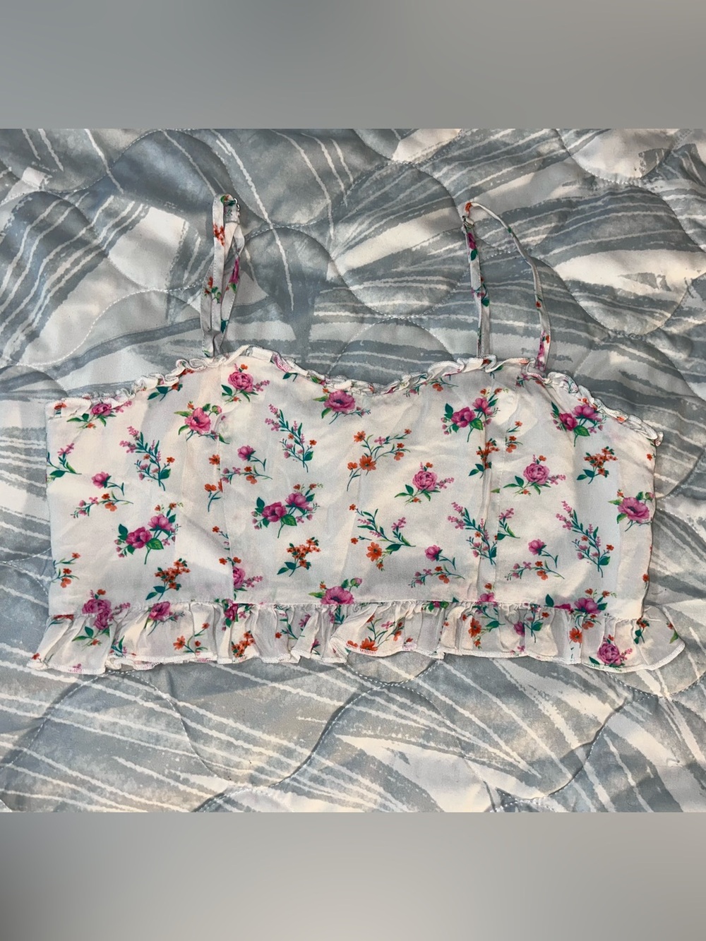 Altar’d State Large Cream Floral Ruffle Crop Top Smocked Back Adjustable Straps
